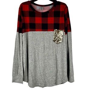 Acting Pro Women’s Long Sleeve Plaid Sequin Pocket Shirt 1X